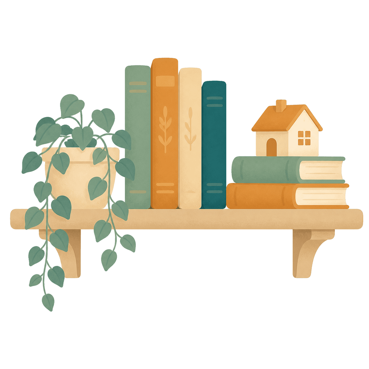 A shelf of books beside a trailing plant and a small house