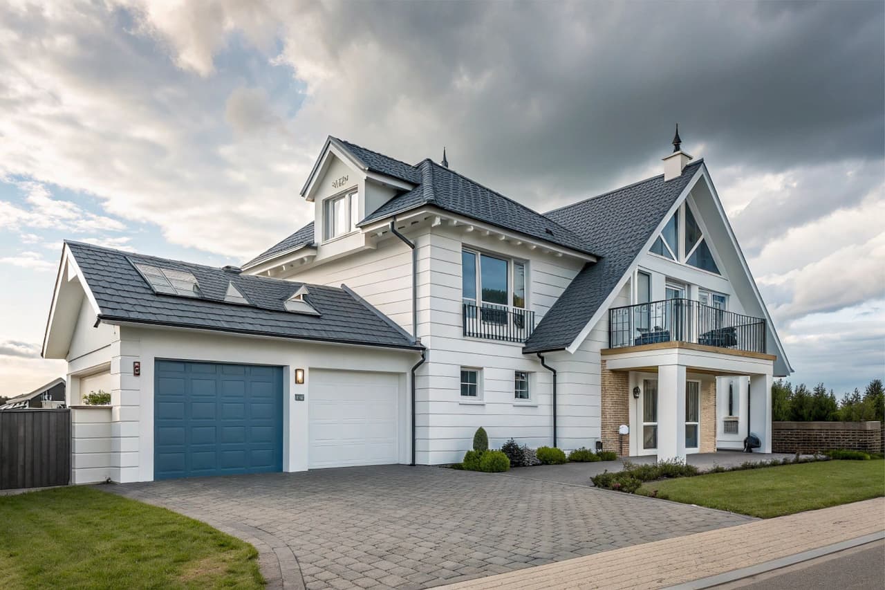Modern white house exterior with gray roof, large windows, and attached garage under cloudy sky