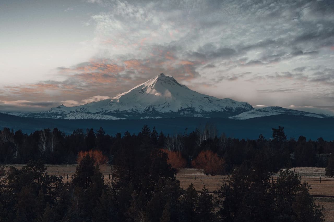 Snow-covered mountain at dawn with soft clouds in the sky and dark forest in the foreground