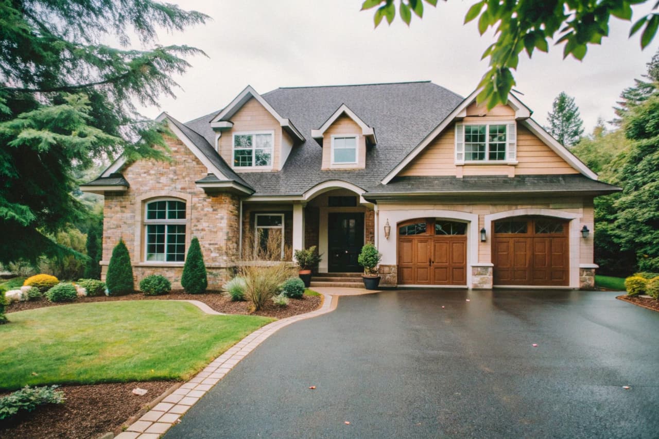 Front view of a suburban house with stone and wood exterior, two-car garage, and landscaped yard with green grass and trees