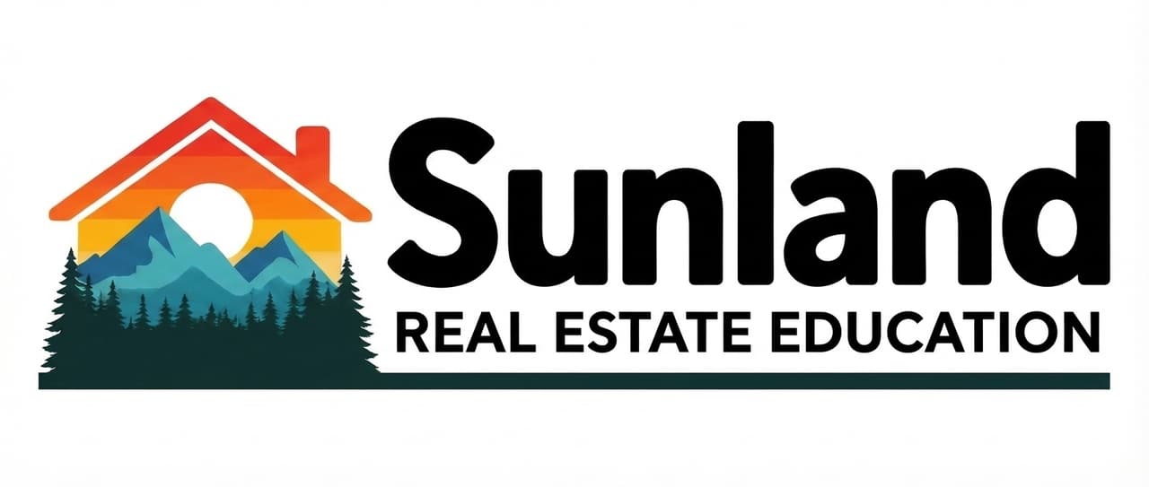 Logo of Sunland Real Estate Education featuring an orange and red house roof over mountains with a sun and forest silhouette