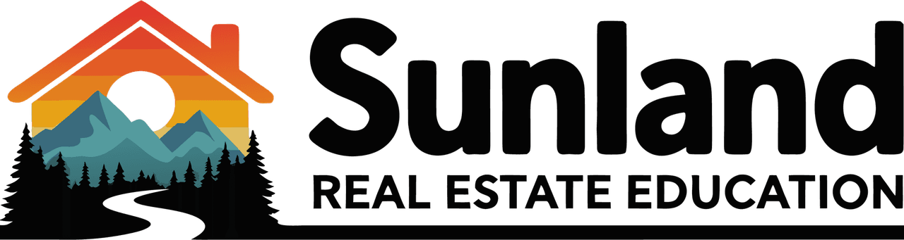 Logo of Sunland Real Estate Education featuring a house with mountains and sunset inside