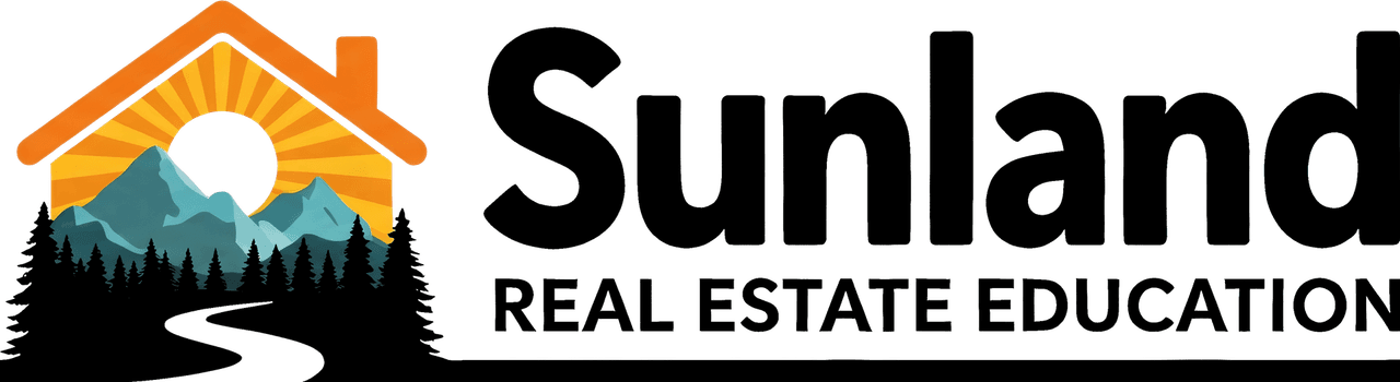Logo of Sunland Real Estate Education featuring a house with mountains and sunset inside