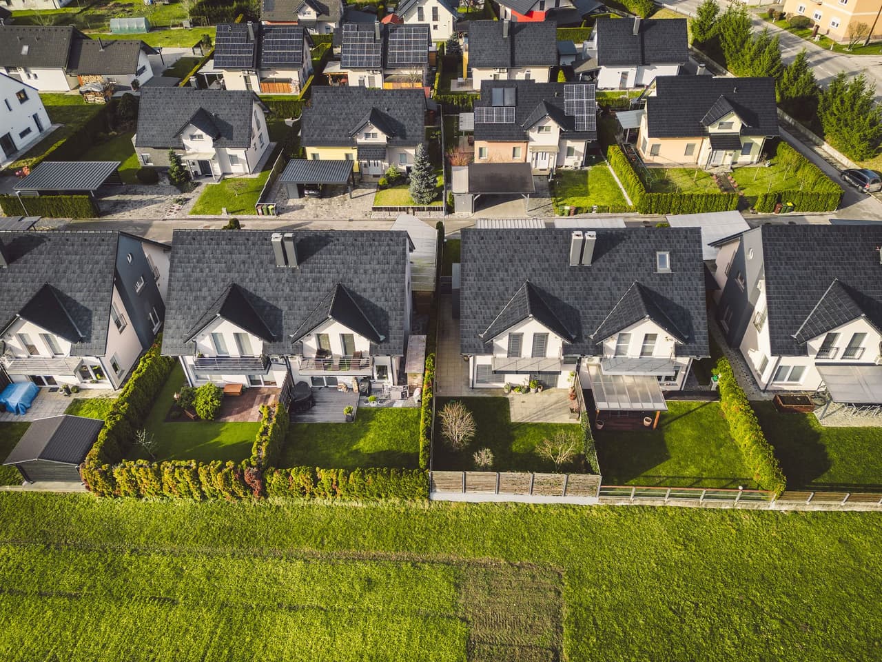 Aerial view of suburban houses with well-maintained lawns and gardens under bright daylight