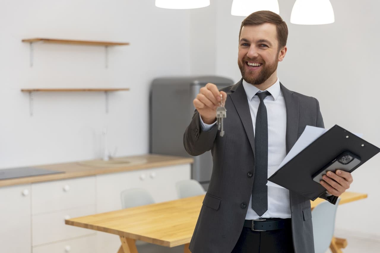Smiling male real estate agent in suit holding keys and clipboard in a modern kitchen with wooden table and white cabinets