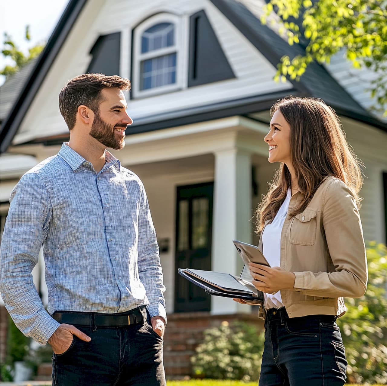 A man and a woman standing outside a house, engaged in conversation. The woman is holding a tablet and some documents. The background shows a house with a porch and greenery, with natural daylight.