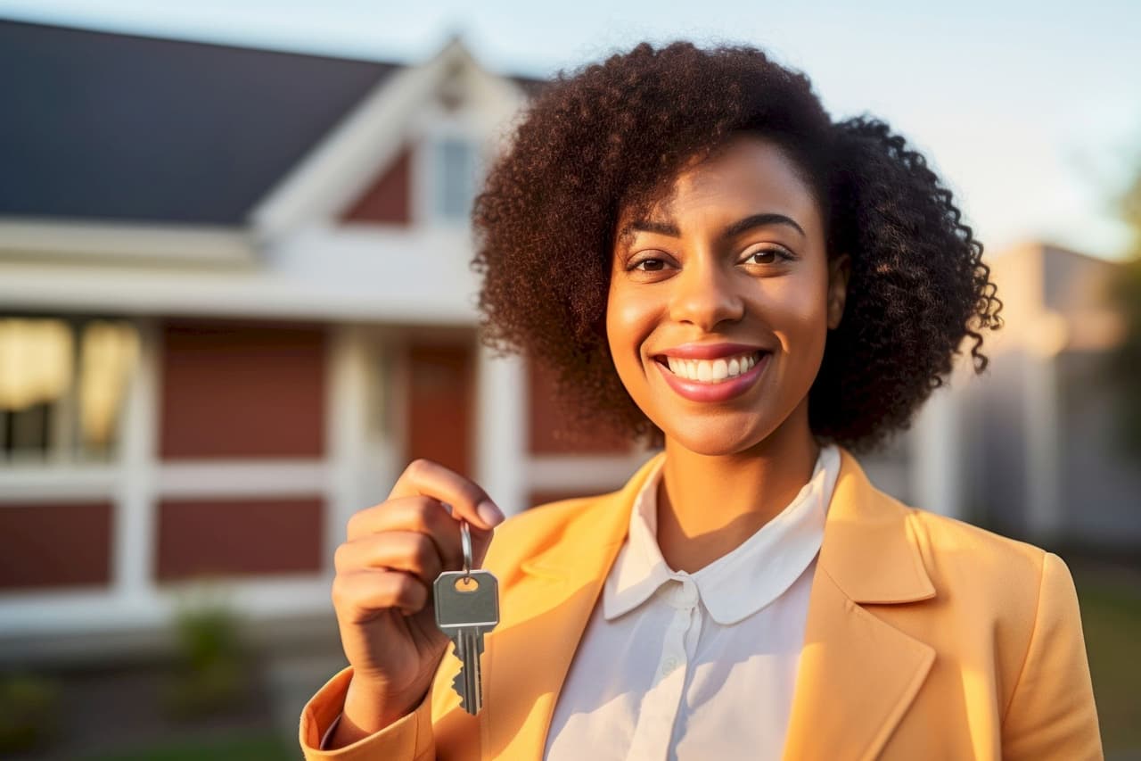 Portrait of a smiling woman holding house keys in front of a house with a blurred background